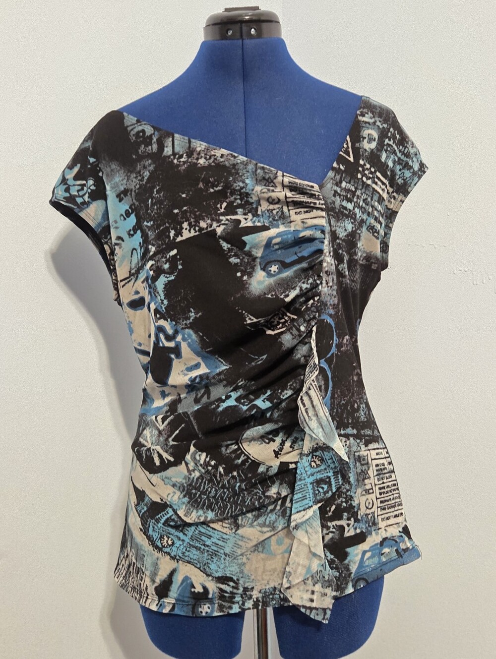 Y2K Blue Graphic Micro Mesh Tank Top Size L